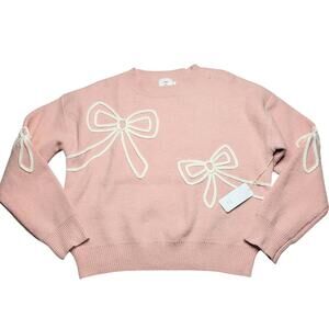 Luna Ivy Viral 3D Bow Coquette Sweater Crew Neck Pink White Crewneck Medium